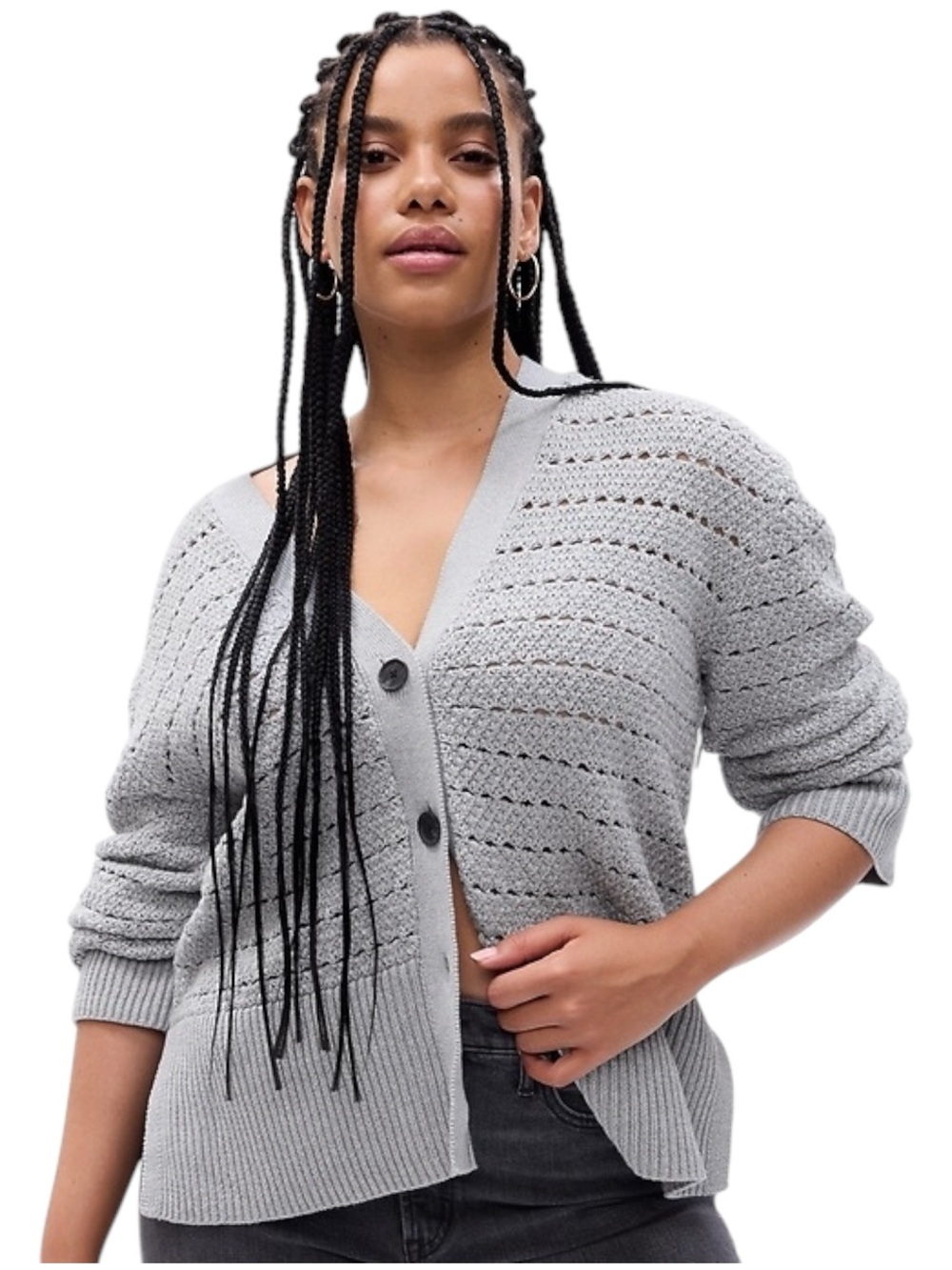 GAP Medium Grey Cotton Pointelle Button Front Split Hem Cardigan Sweater (SP)